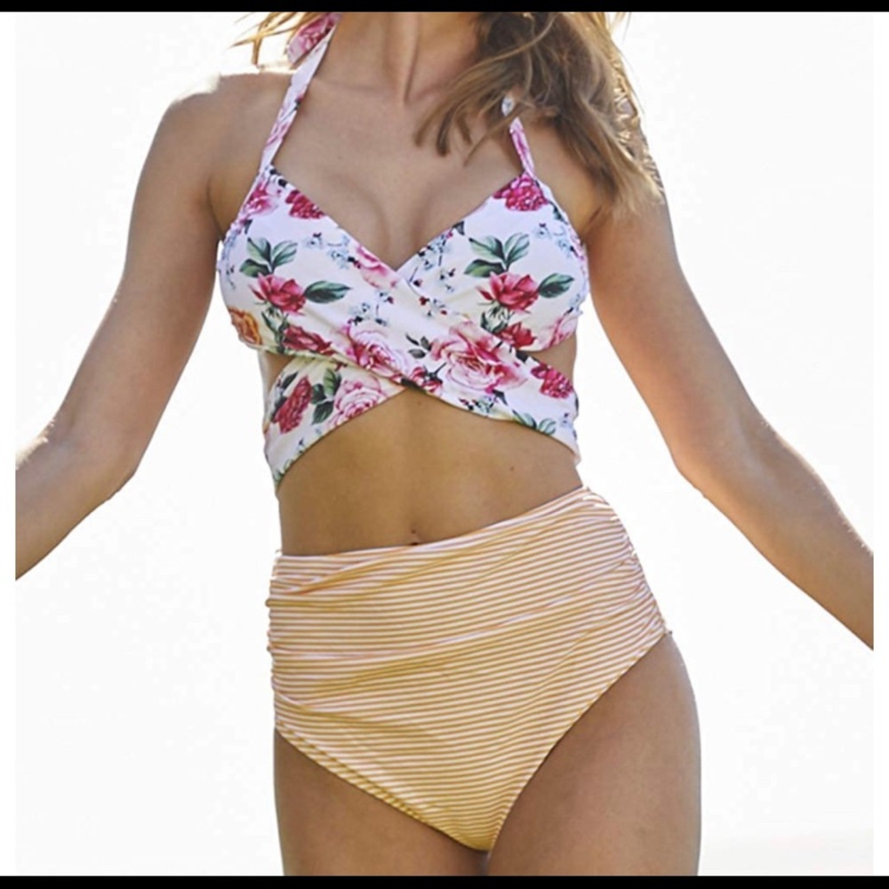Floral & Striped Wrap One Piece Swim Suit Large